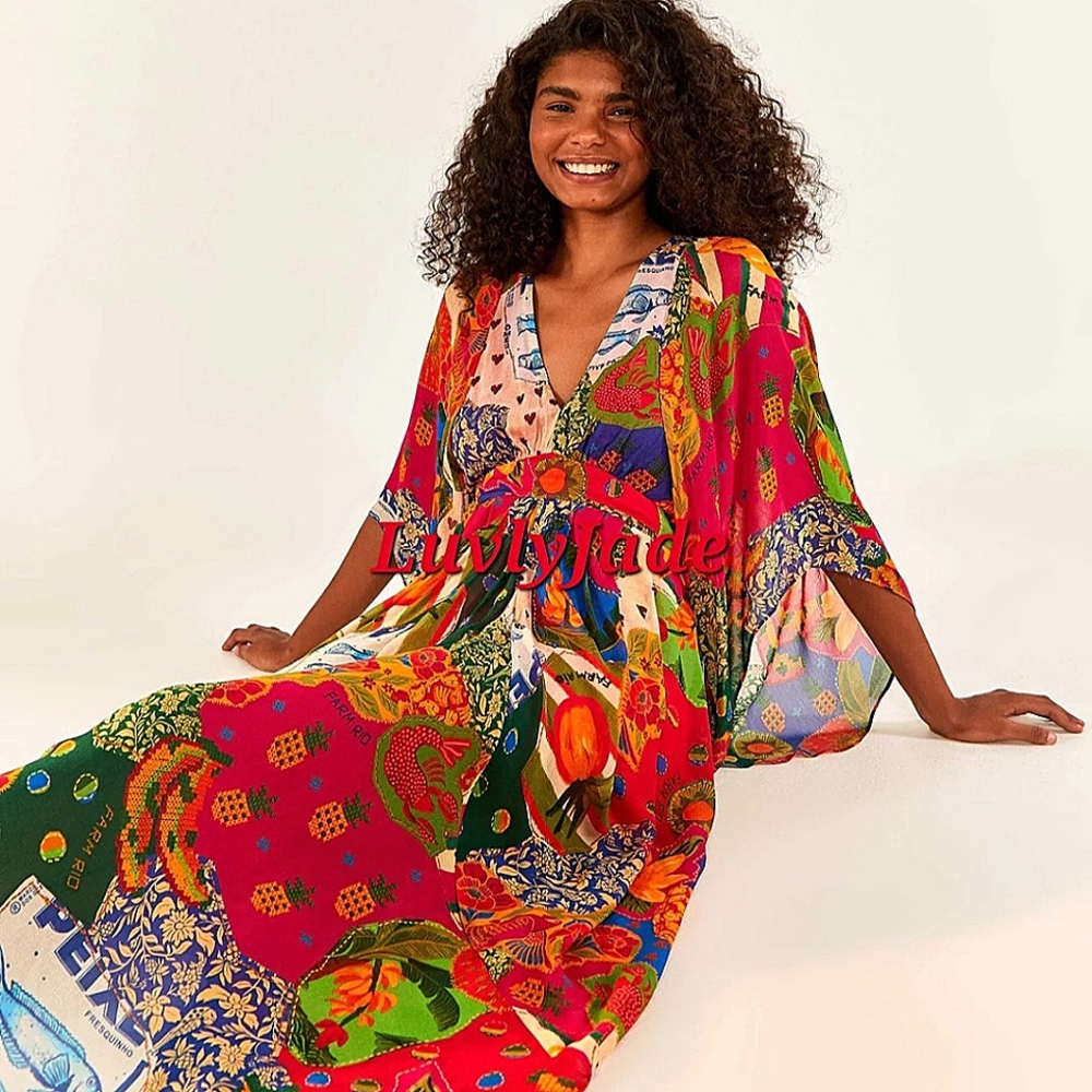 FARM RIO Sunny Mix Asymmetrical Hem Maxi Dress Flowy Heart Size S NWT